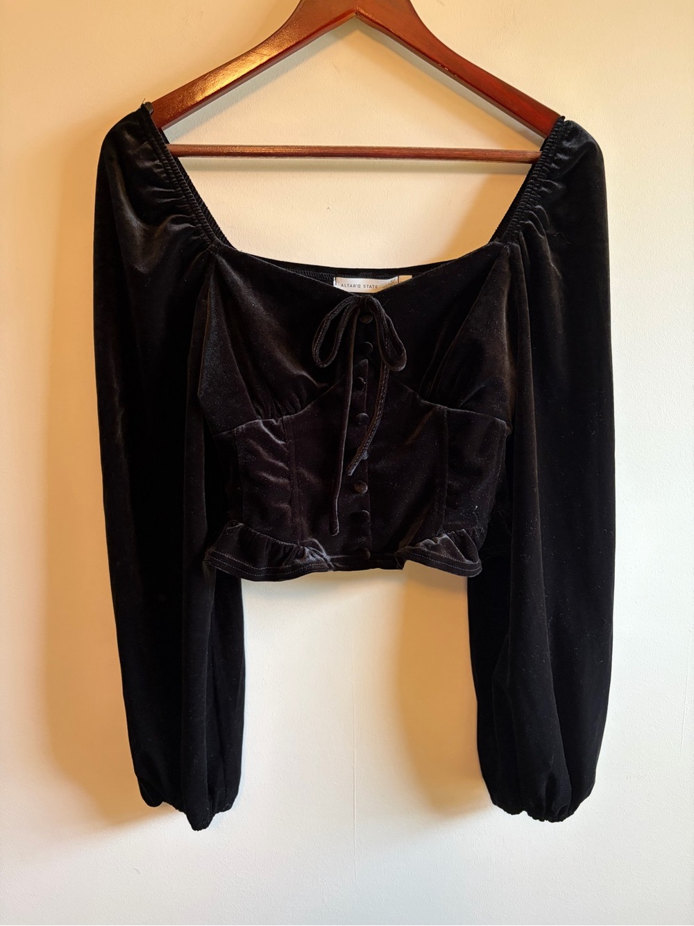 Altar'd State Black Velvet Peasant Crop Top with Button Front